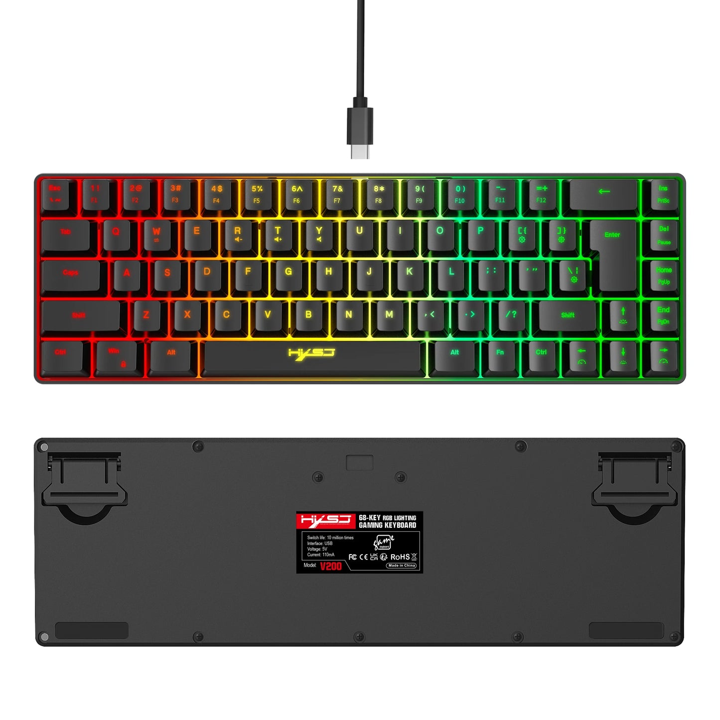 68-Key RGB Gaming Keyboard – Compact USB Wired Mechanical Feel, 20 Backlight Modes, Portable for Windows Laptop & PC