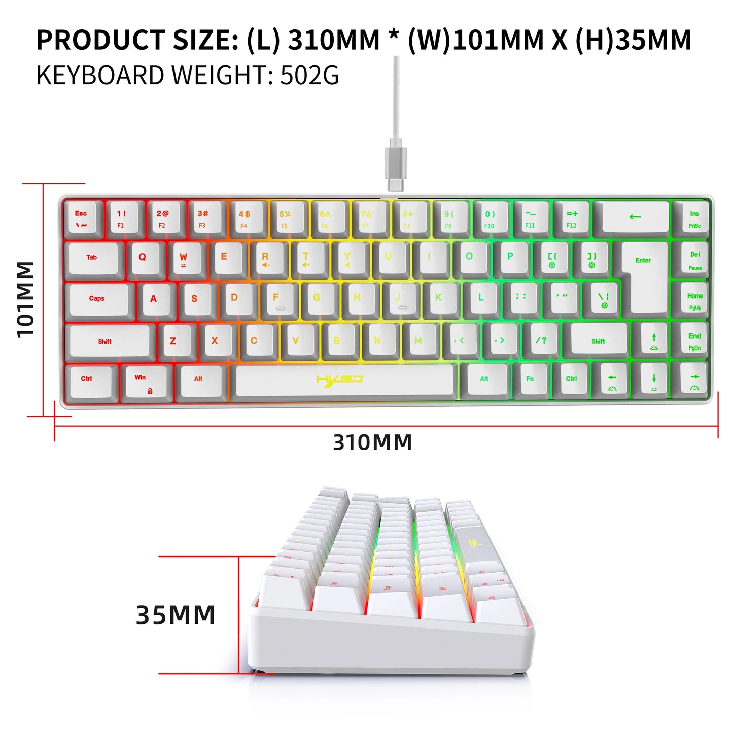 68-Key RGB Gaming Keyboard – Compact USB Wired Mechanical Feel, 20 Backlight Modes, Portable for Windows Laptop & PC