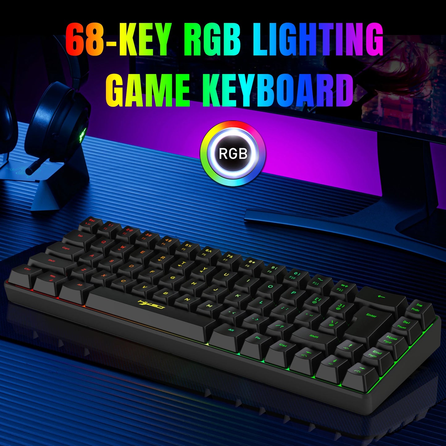 68-Key RGB Gaming Keyboard – Compact USB Wired Mechanical Feel, 20 Backlight Modes, Portable for Windows Laptop & PC